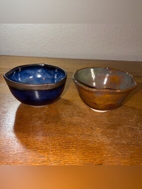 Signed Hand Thrown Studio Pottery Bowl Set Of 2 Artisan Stoneware Blue Brown 6”